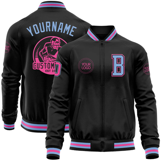 Custom Black Light Blue-Pink Bomber Varsity Letterman Zipper Jacket - Main View