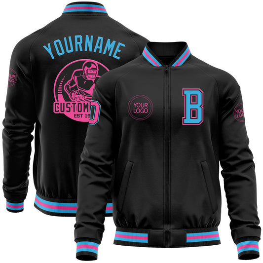 Custom Black Sky Blue-Pink Bomber Varsity Letterman Zipper Jacket - Main View