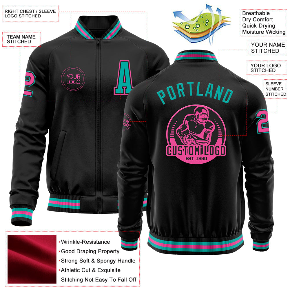 Custom Black Aqua-Pink Bomber Varsity Letterman Zipper Jacket view 4