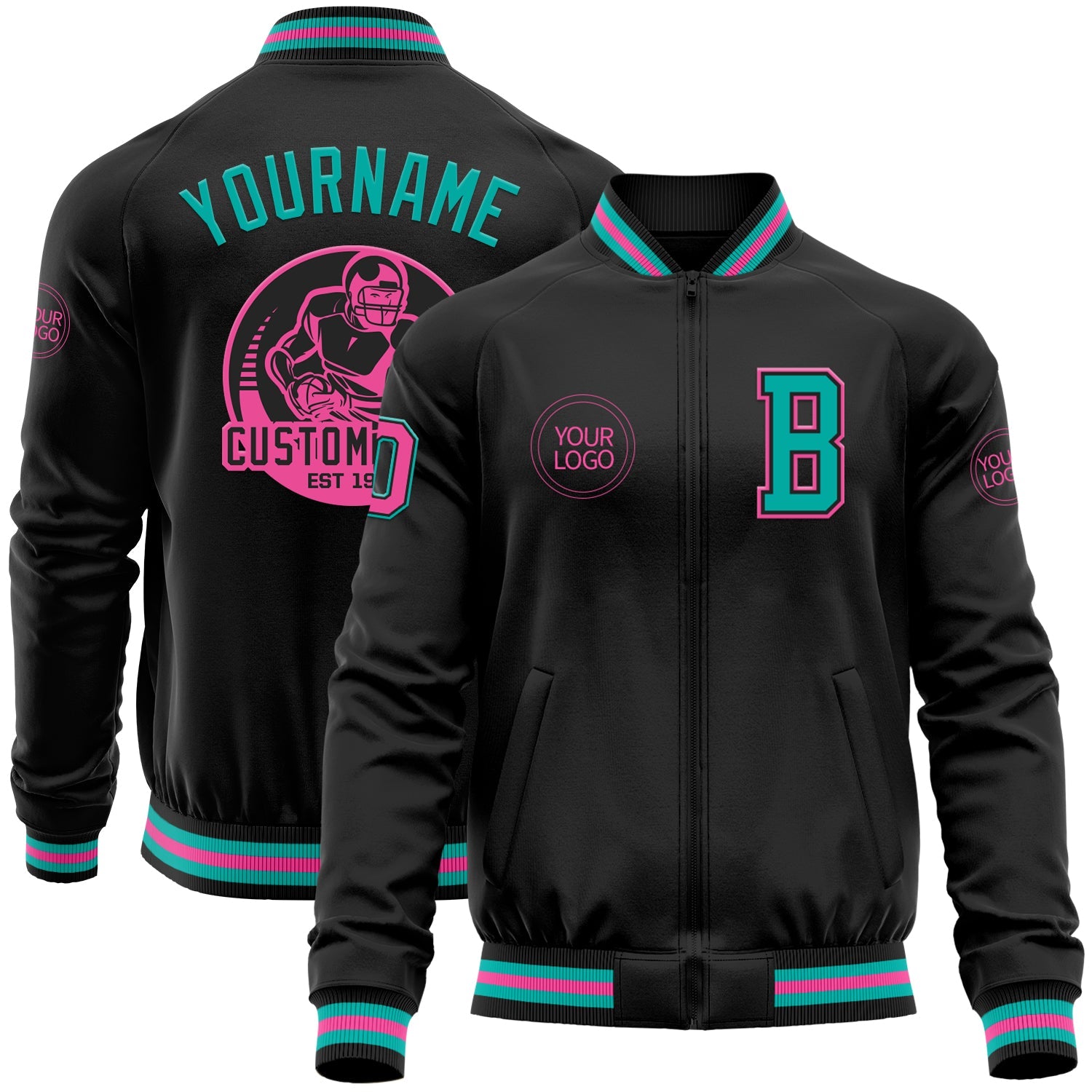 Custom Black Aqua-Pink Bomber Varsity Letterman Zipper Jacket - Main View