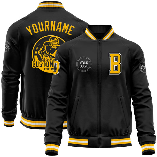 Custom Black Gold-White Bomber Varsity Letterman Zipper Jacket - Main View