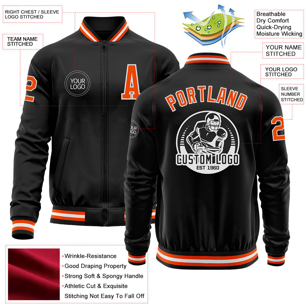 Custom Black Orange-White Bomber Varsity Letterman Zipper Jacket view 4