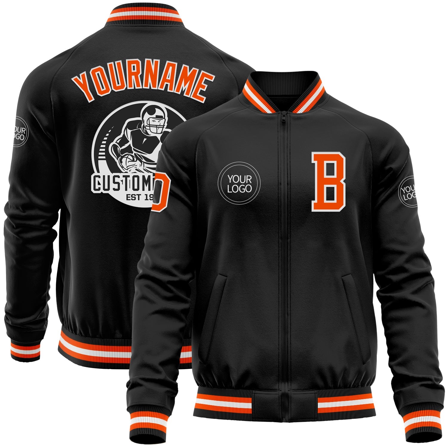 Custom Black Orange-White Bomber Varsity Letterman Zipper Jacket - Main View