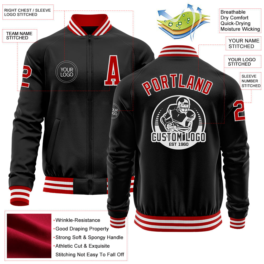 Custom Black Red-White Bomber Varsity Letterman Zipper Jacket view 4