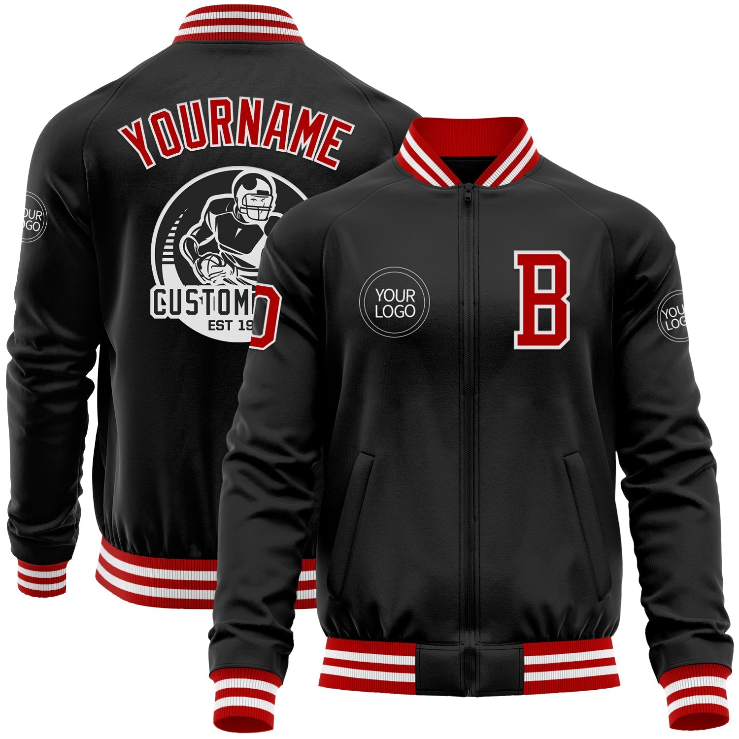 Custom Black Red-White Bomber Varsity Letterman Zipper Jacket - Main View