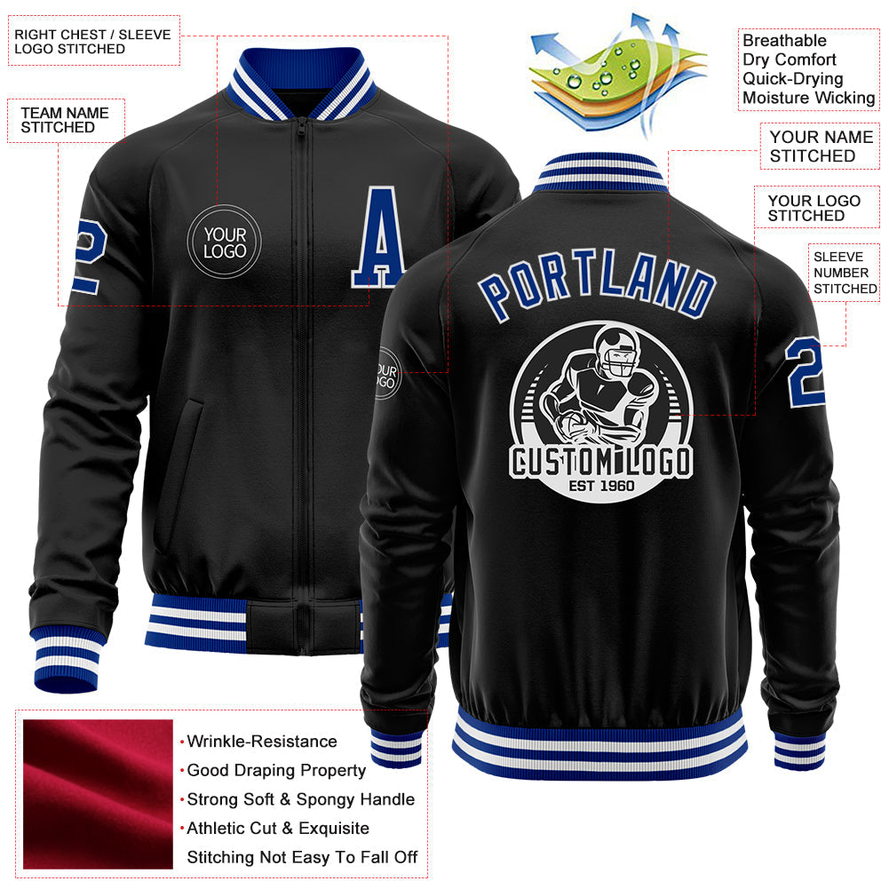 Custom Black Royal-White Bomber Varsity Letterman Zipper Jacket view 4