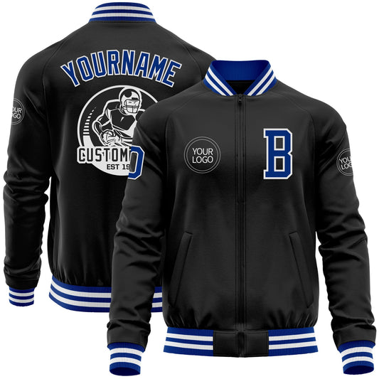 Custom Black Royal-White Bomber Varsity Letterman Zipper Jacket - Main View