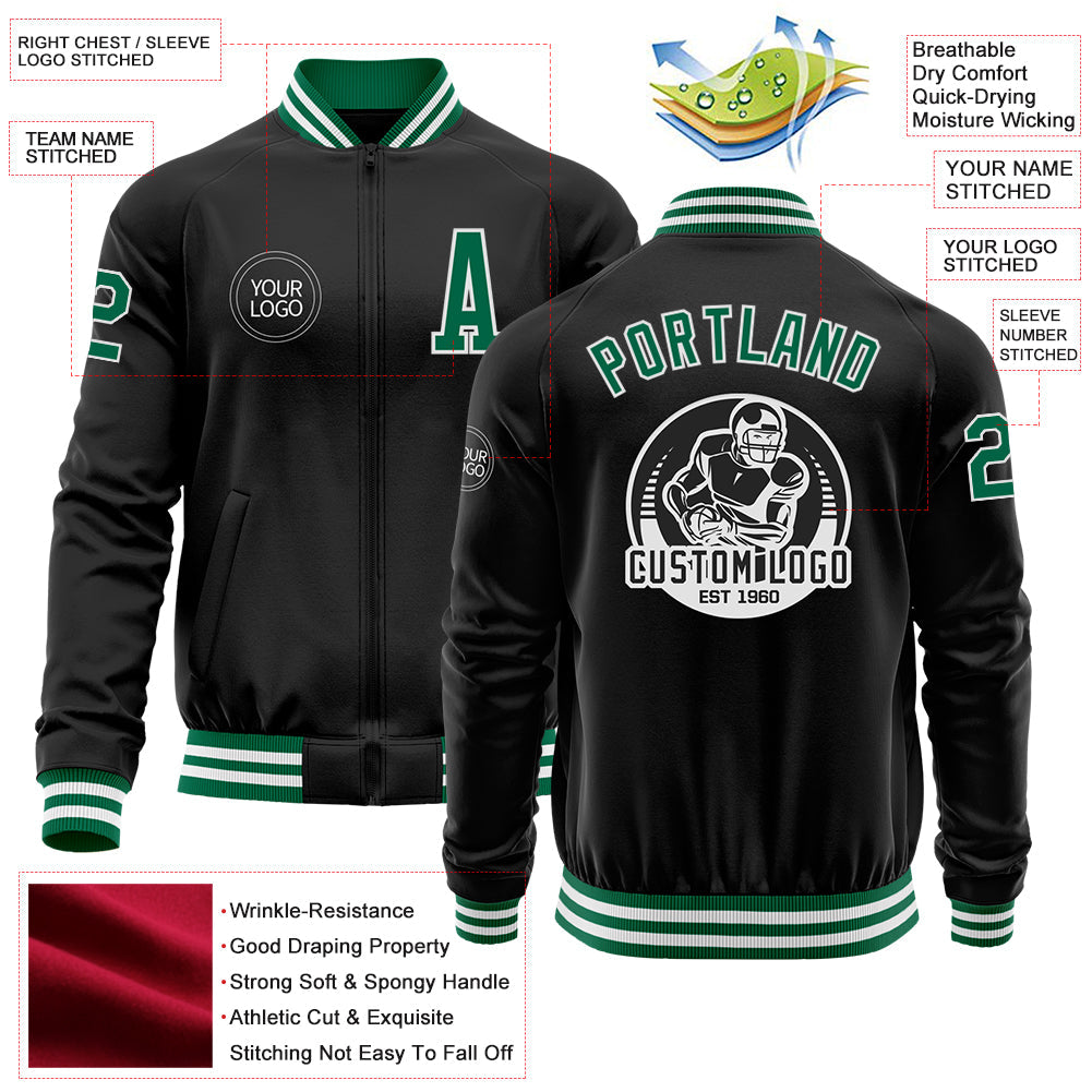 Custom Black Kelly Green-White Bomber Varsity Letterman Zipper Jacket view 4
