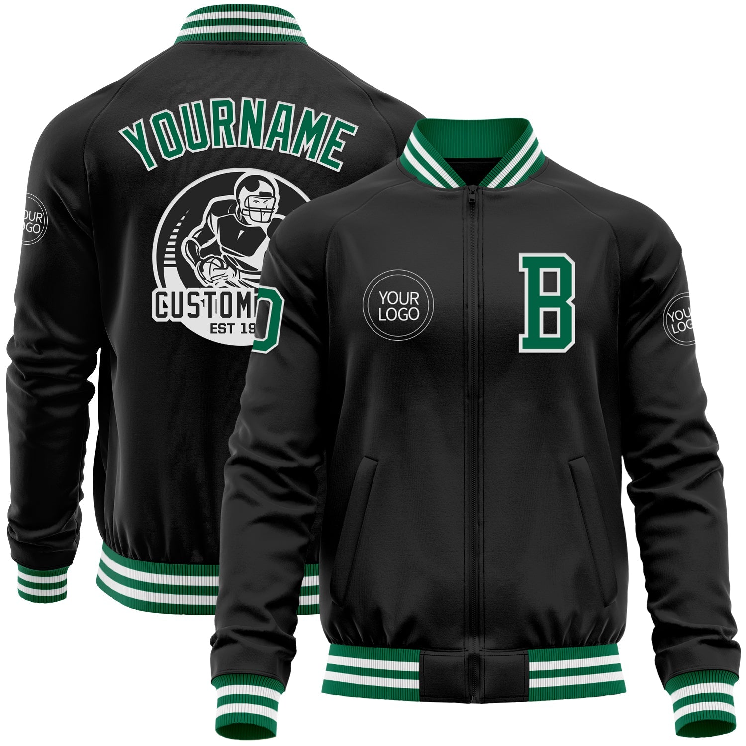 Custom Black Kelly Green-White Bomber Varsity Letterman Zipper Jacket - Main View