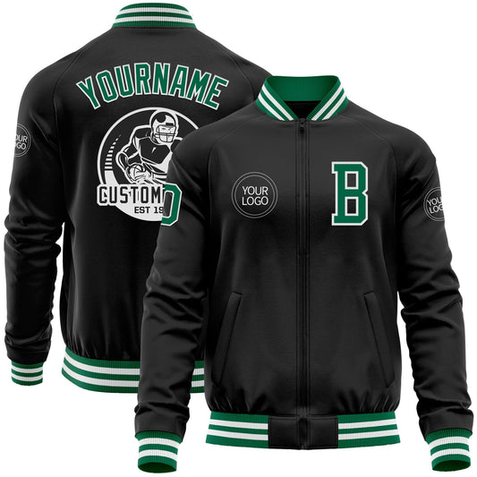 Custom Black Kelly Green-White Bomber Varsity Letterman Zipper Jacket - Main View