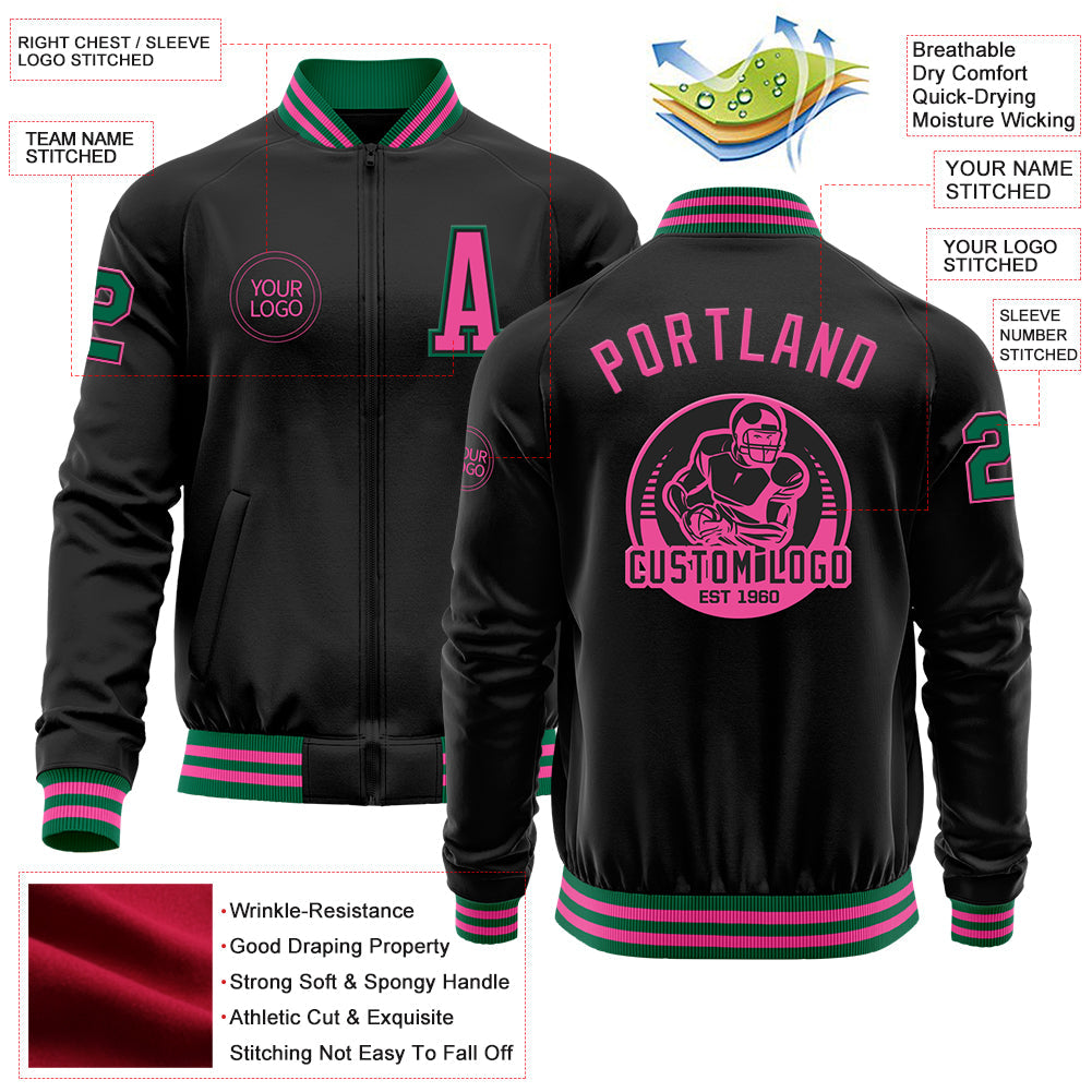 Custom Black Pink-Kelly Green Bomber Varsity Letterman Zipper Jacket view 4