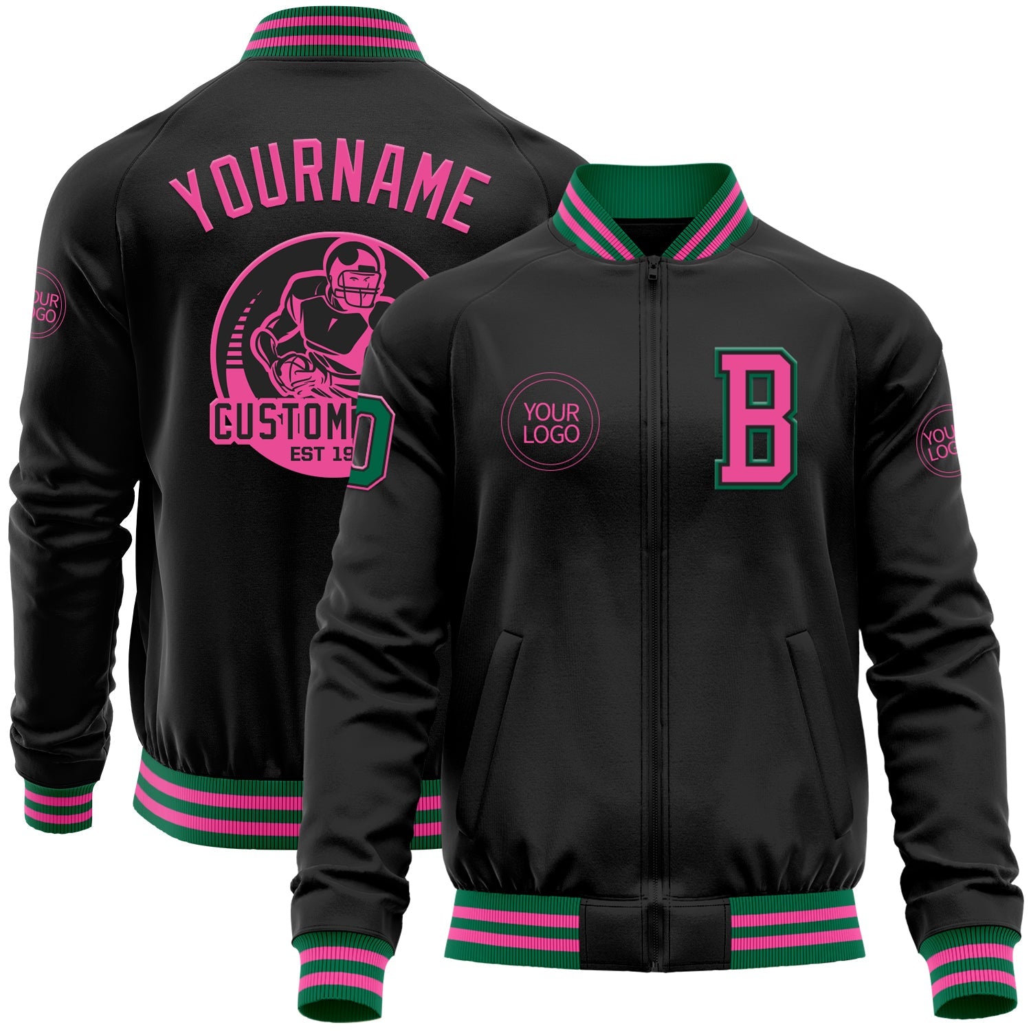 Custom Black Pink-Kelly Green Bomber Varsity Letterman Zipper Jacket - Main View