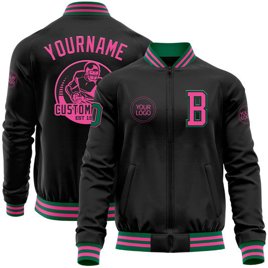 Custom Black Pink-Kelly Green Bomber Varsity Letterman Zipper Jacket - Main View