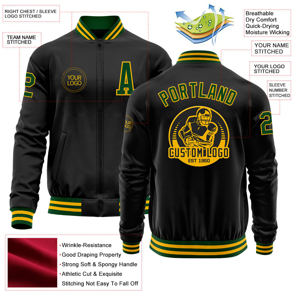 Custom Black Gold-Green Bomber Varsity Letterman Zipper Jacket view 4