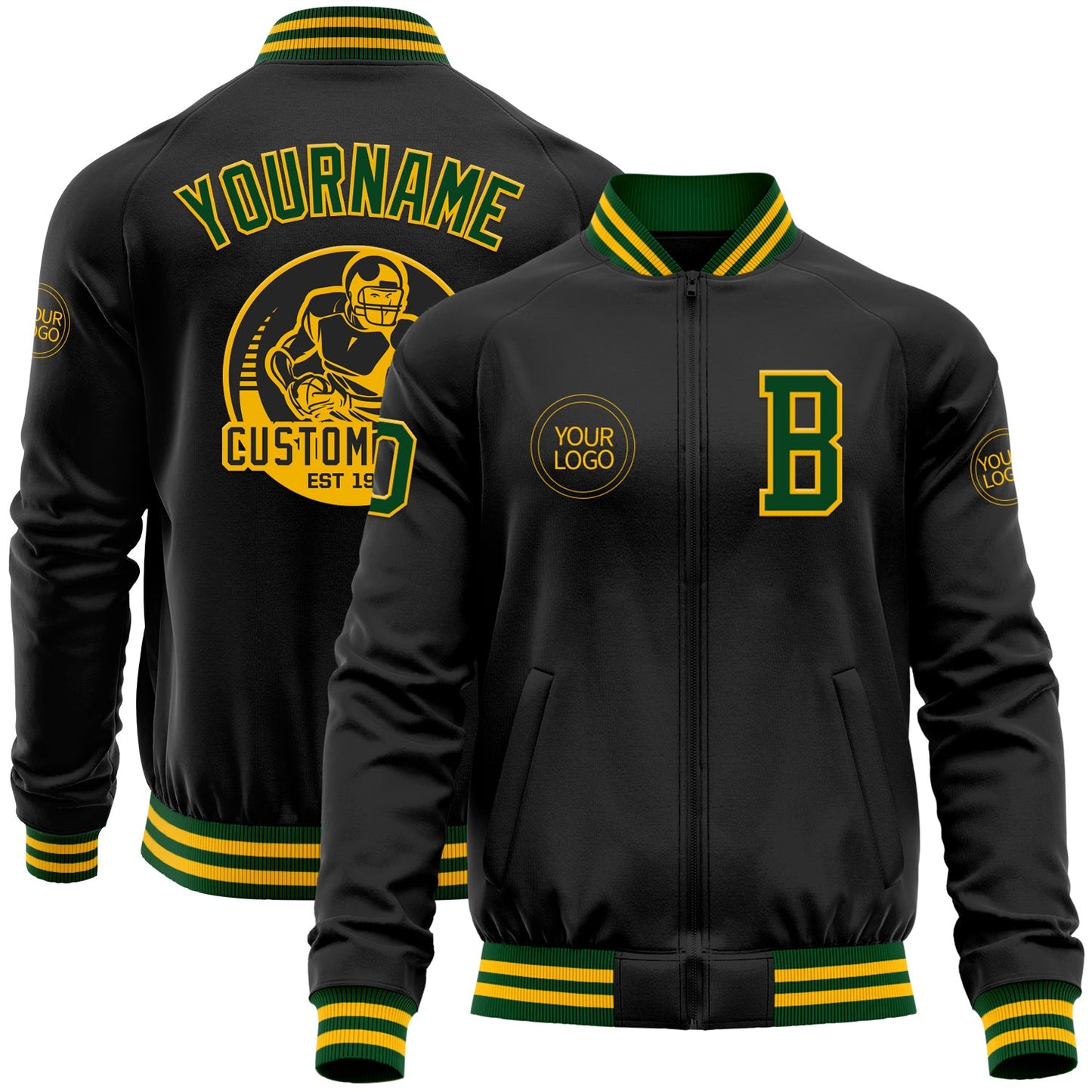Custom Black Gold-Green Bomber Varsity Letterman Zipper Jacket - Main View