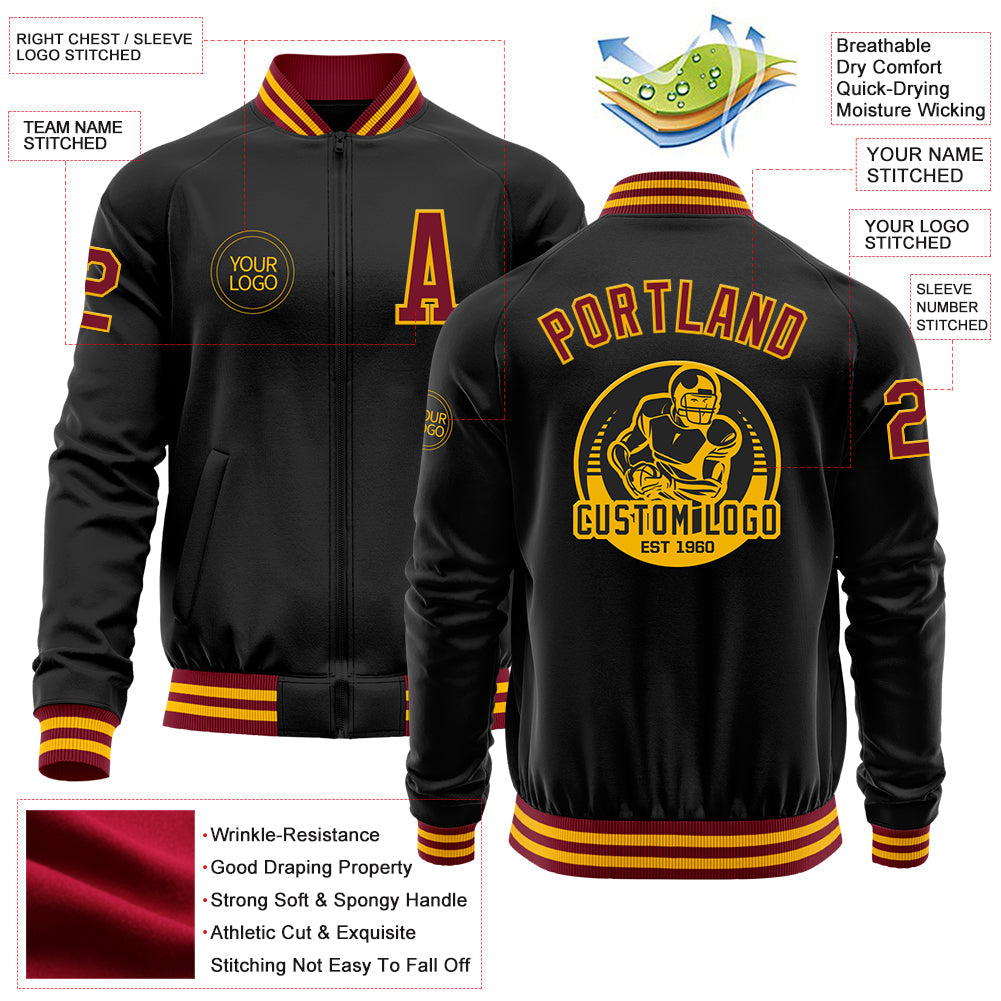 Custom Black Crimson-Gold Bomber Varsity Letterman Zipper Jacket view 4