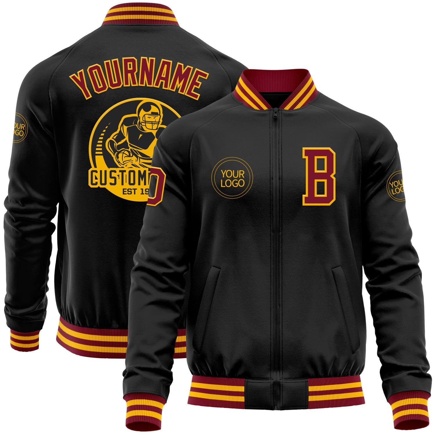 Custom Black Crimson-Gold Bomber Varsity Letterman Zipper Jacket - Main View