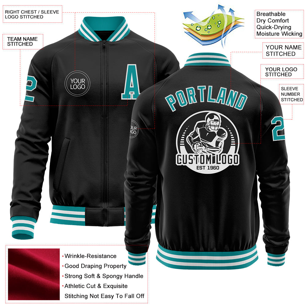 Custom Black Teal-White Bomber Varsity Letterman Zipper Jacket view 4