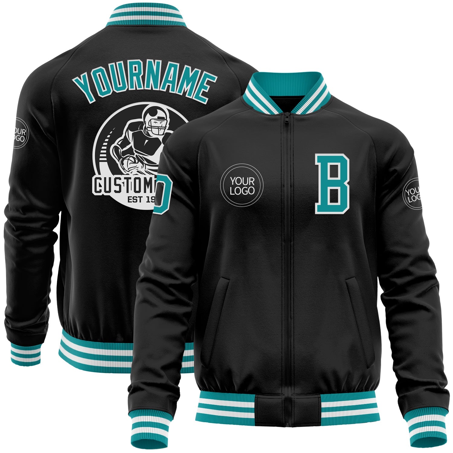 Custom Black Teal-White Bomber Varsity Letterman Zipper Jacket - Main View