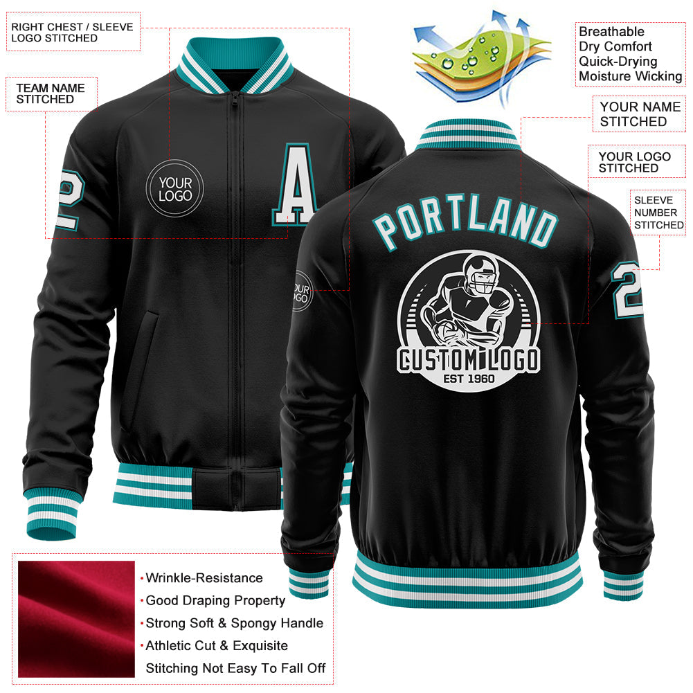 Custom Black White-Teal Bomber Varsity Letterman Zipper Jacket view 4