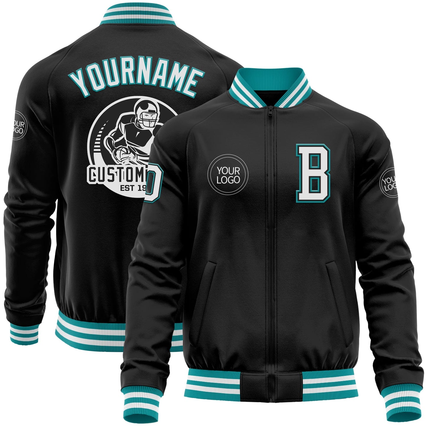 Custom Black White-Teal Bomber Varsity Letterman Zipper Jacket - Main View