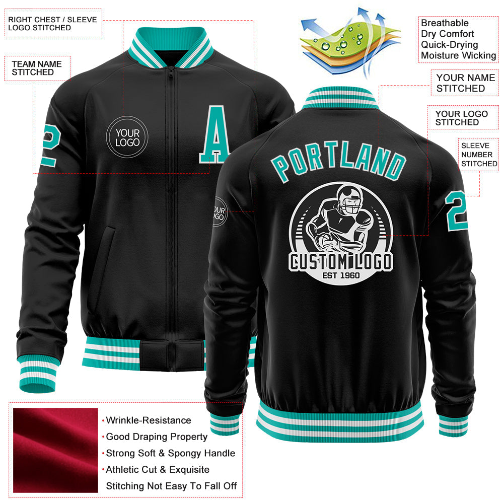 Custom Black Aqua-White Bomber Varsity Letterman Zipper Jacket view 4