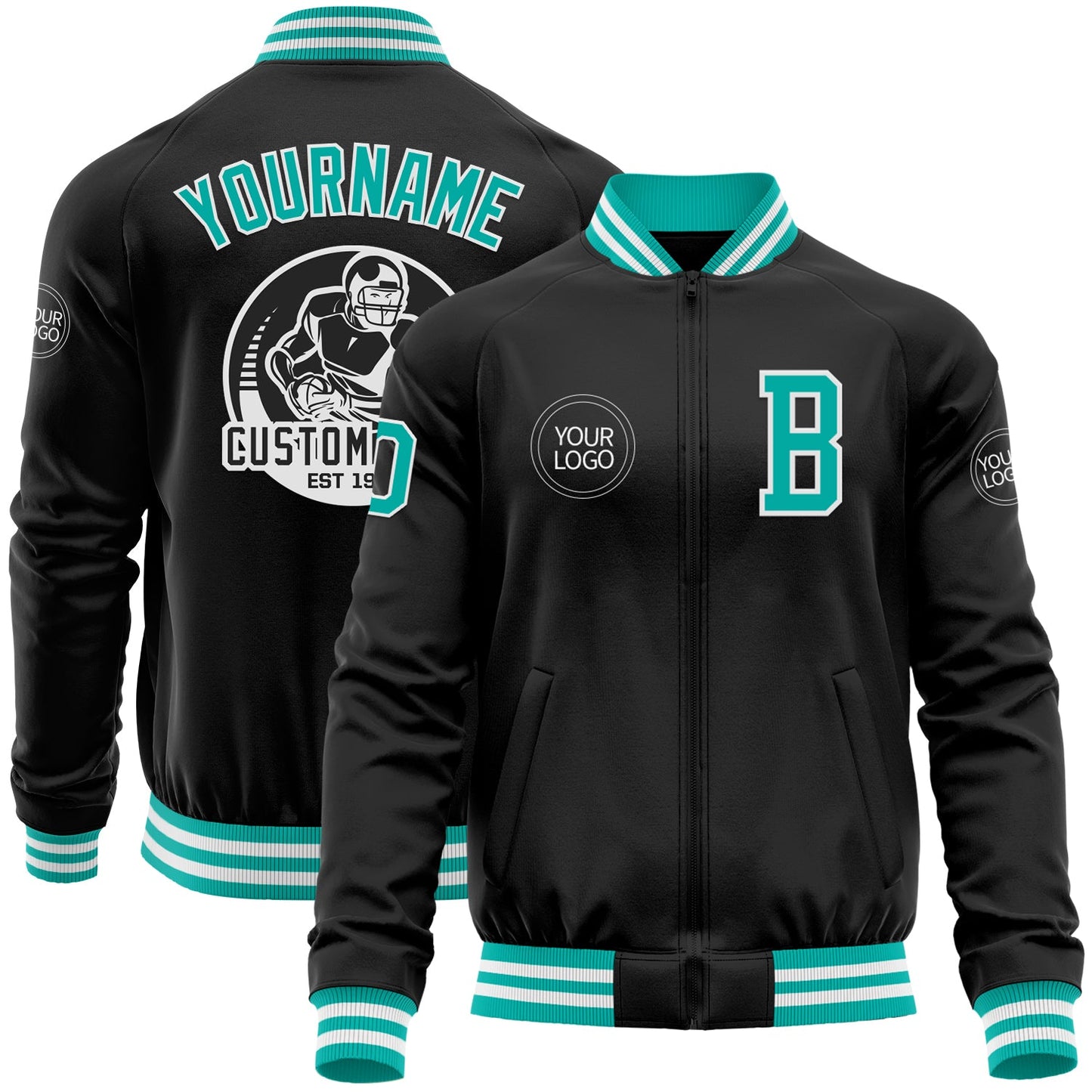 Custom Black Aqua-White Bomber Varsity Letterman Zipper Jacket - Main View