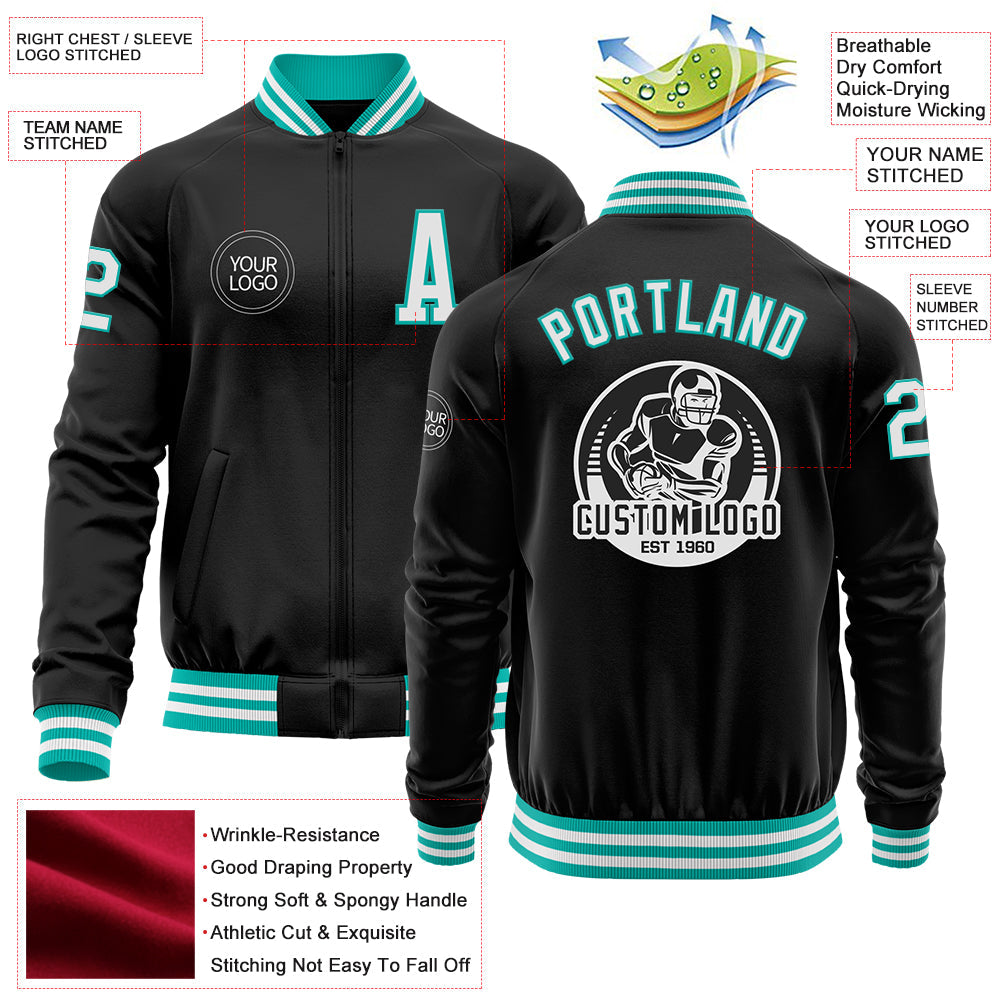 Custom Black White-Aqua Bomber Varsity Letterman Zipper Jacket view 4