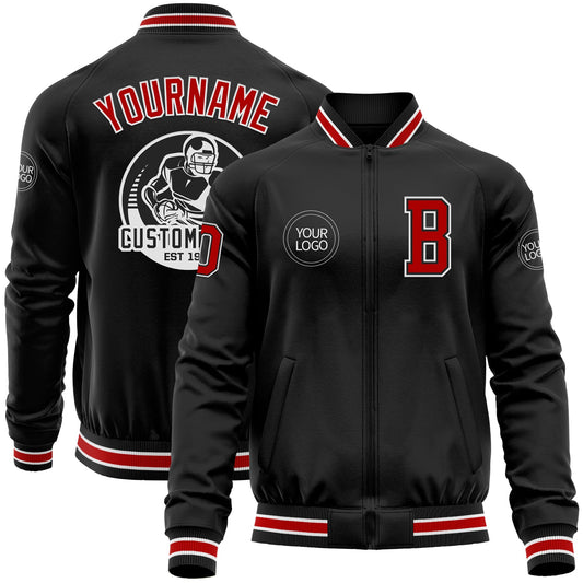 Custom Black Red-White Bomber Varsity Letterman Zipper Jacket - Main View