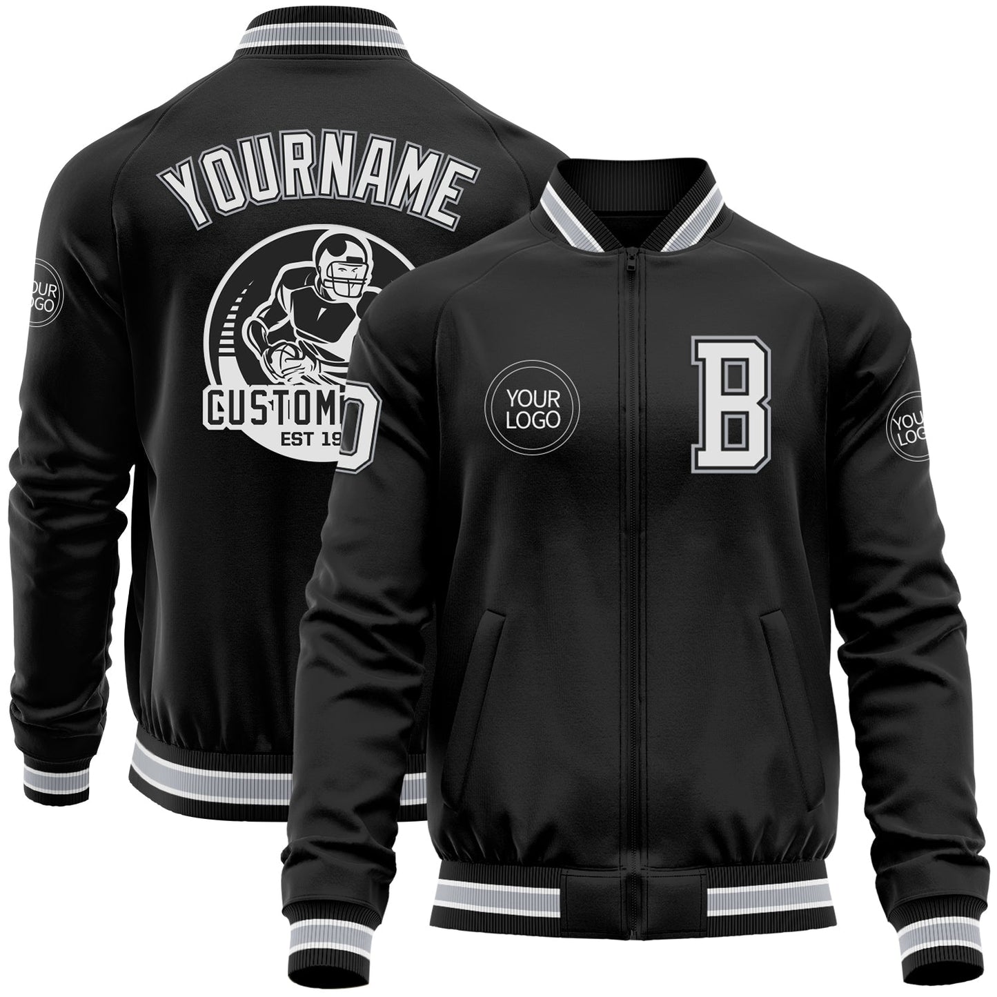 Custom Black White-Gray Bomber Varsity Letterman Zipper Jacket - Main View
