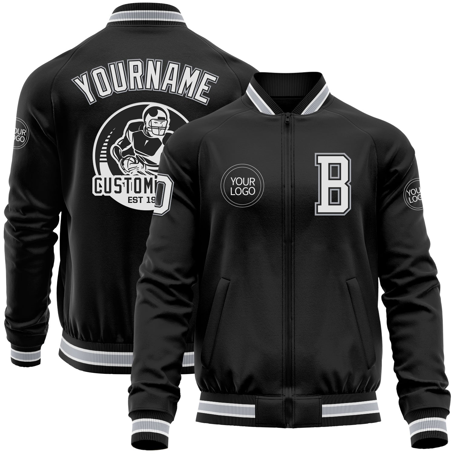 Custom Black White-Gray Bomber Varsity Letterman Zipper Jacket - Main View