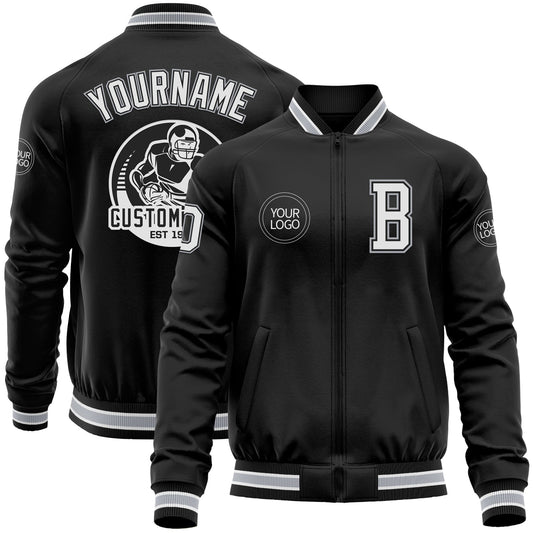 Custom Black White-Gray Bomber Varsity Letterman Zipper Jacket - Main View