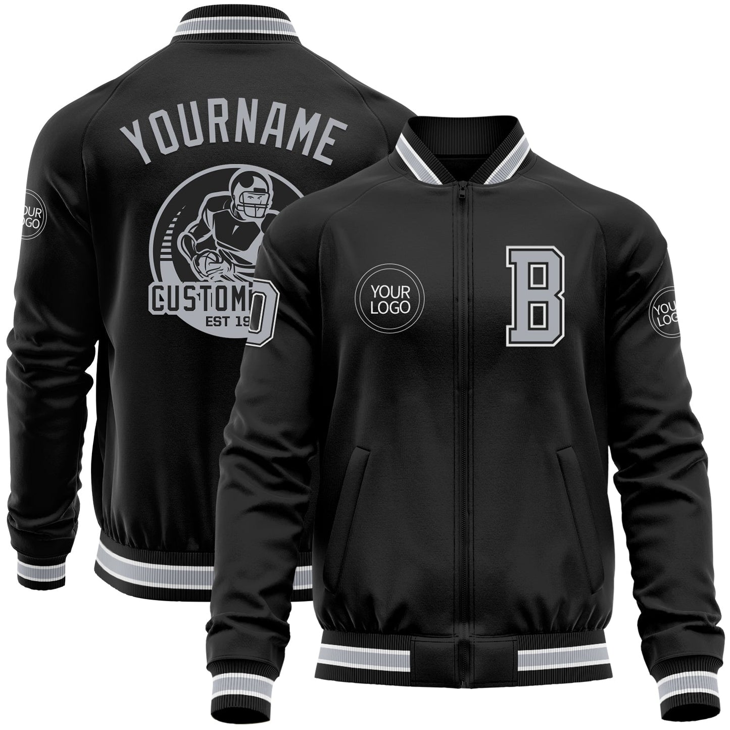 Custom Black Gray-White Bomber Varsity Letterman Zipper Jacket - Main View