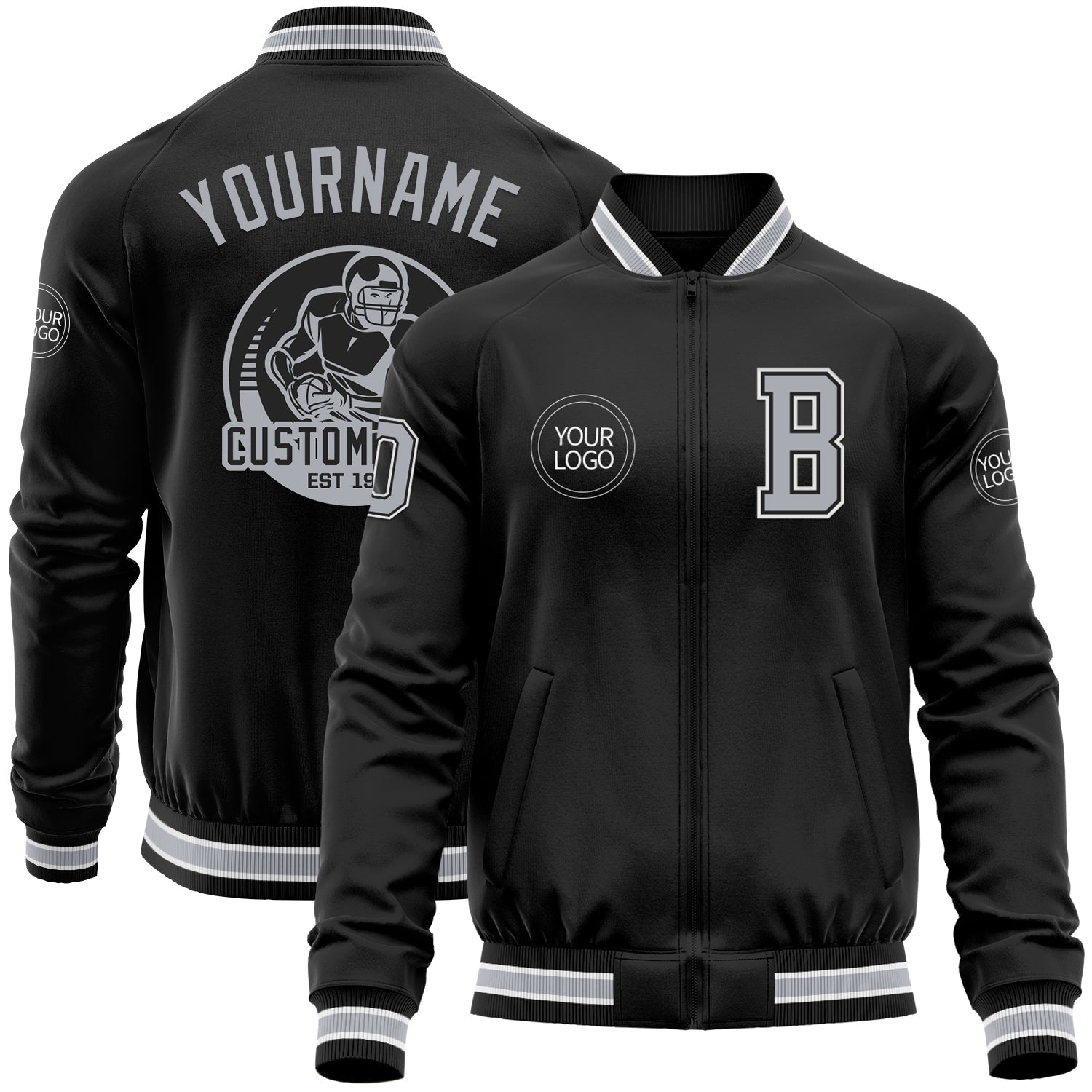 Custom Black Gray-White Bomber Varsity Letterman Zipper Jacket - Main View