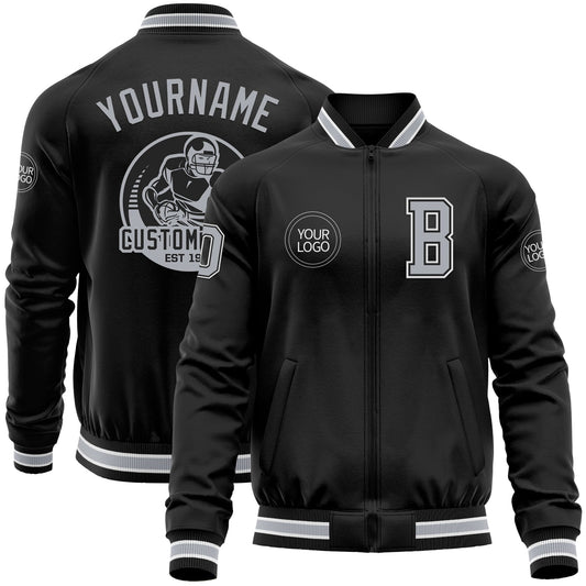Custom Black Gray-White Bomber Varsity Letterman Zipper Jacket - Main View