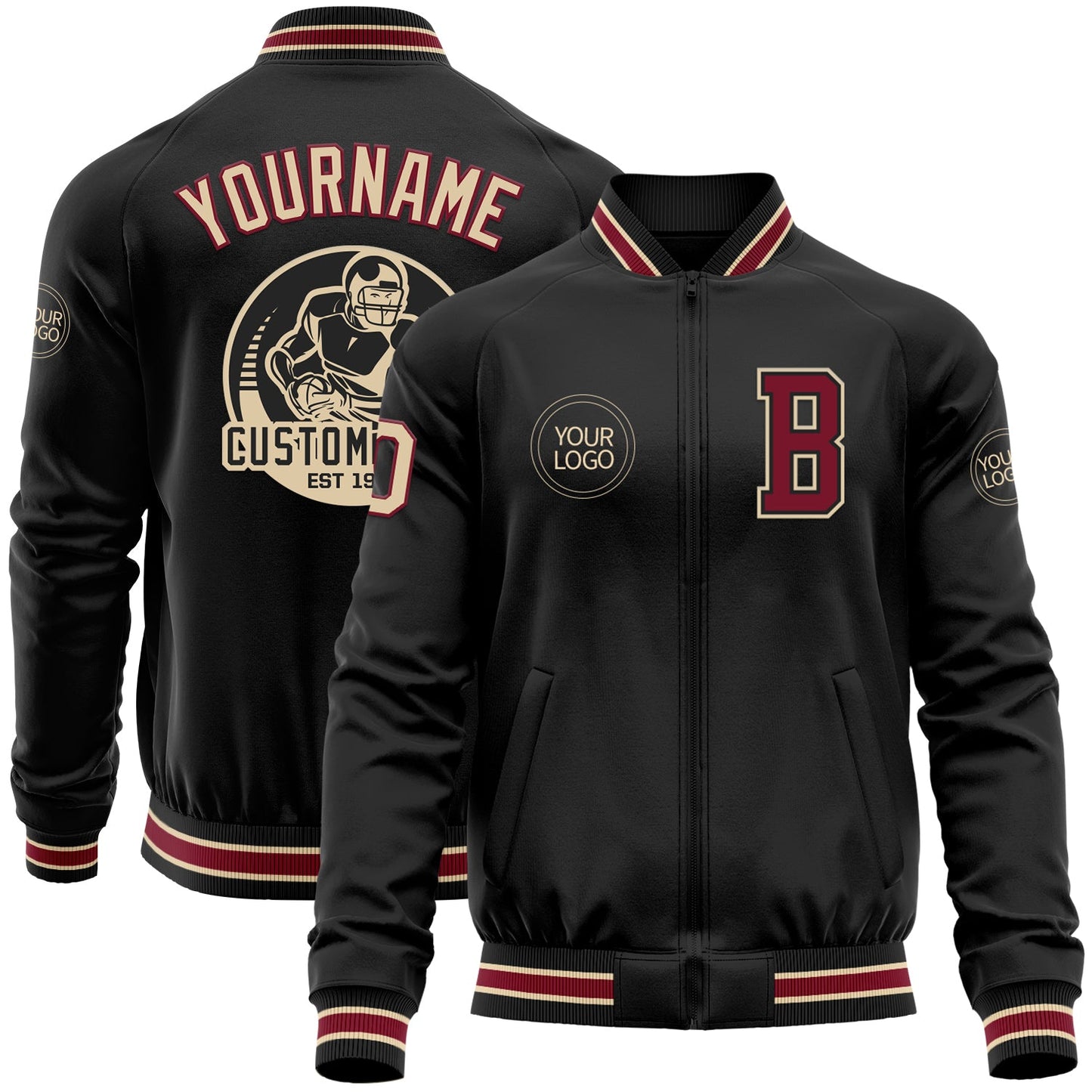 Custom Black Crimson-City Cream Bomber Varsity Letterman Zipper Jacket - Main View