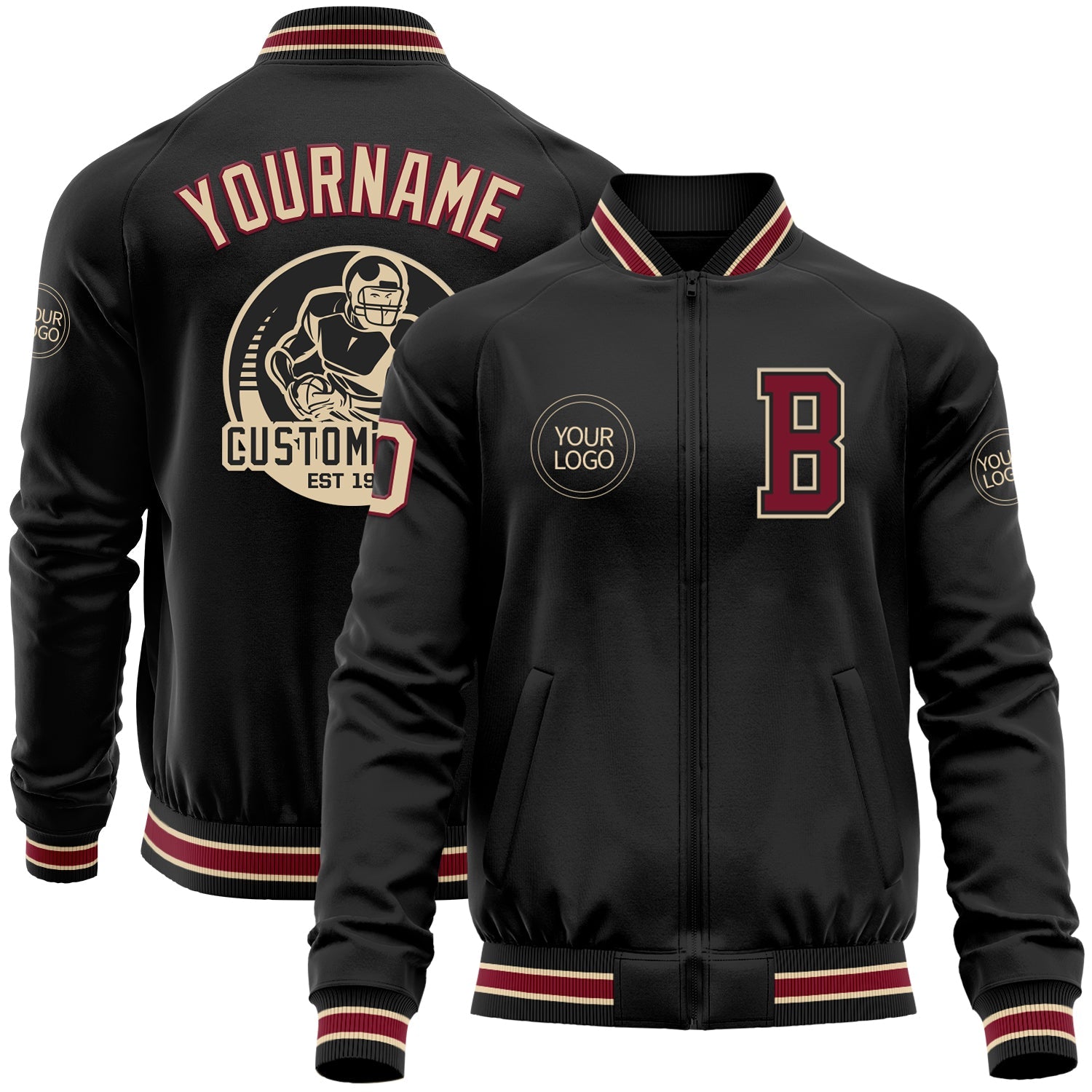 Custom Black Crimson-City Cream Bomber Varsity Letterman Zipper Jacket - Main View
