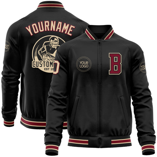 Custom Black Crimson-City Cream Bomber Varsity Letterman Zipper Jacket - Main View