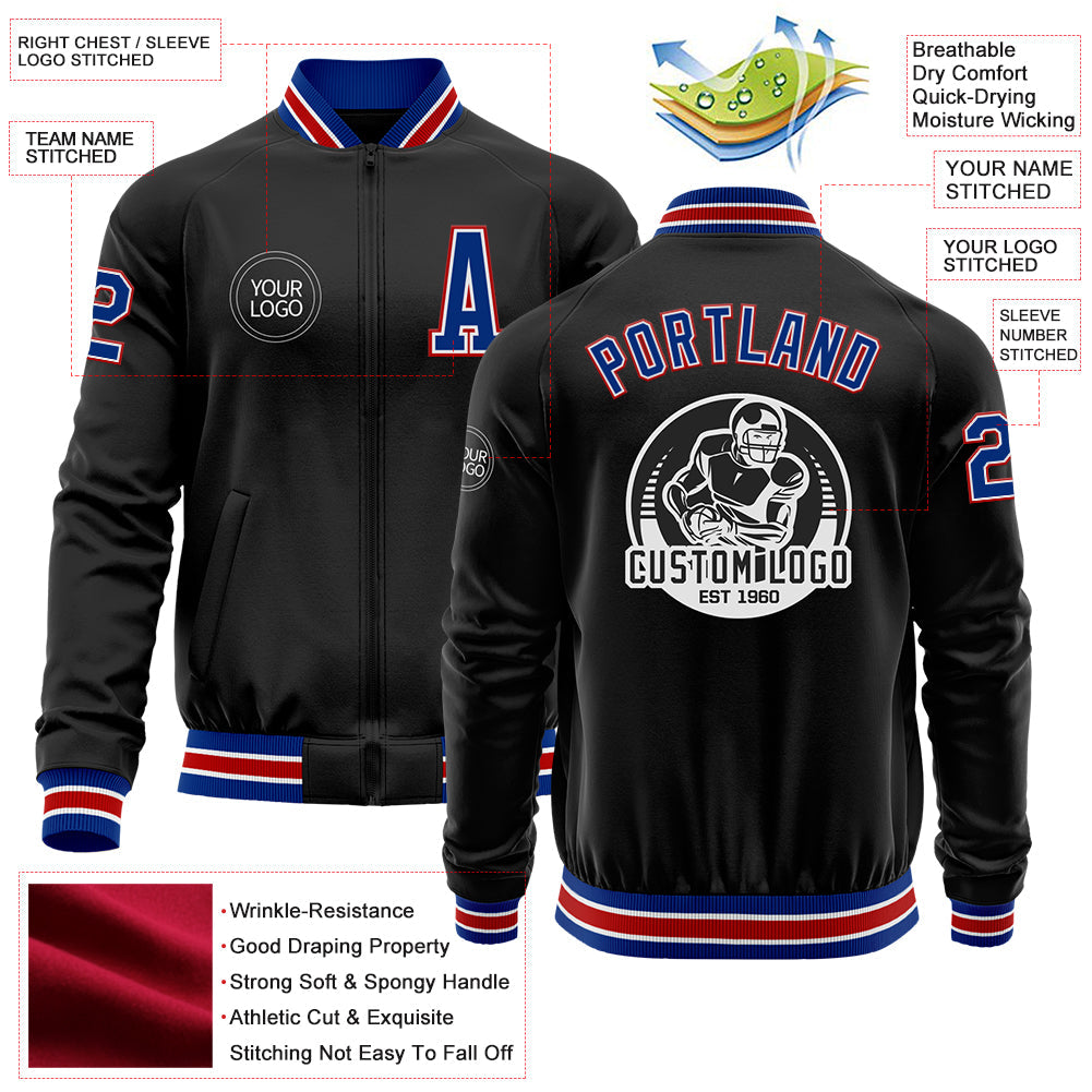 Custom Black Royal-Red Bomber Varsity Letterman Zipper Jacket view 4