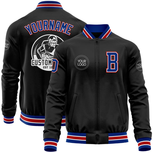 Custom Black Royal-Red Bomber Varsity Letterman Zipper Jacket - Main View