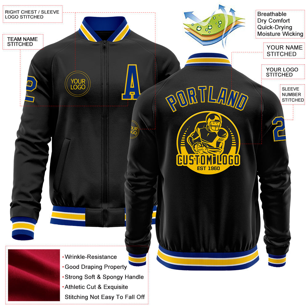 Custom Black Royal-Yellow Bomber Varsity Letterman Zipper Jacket view 4