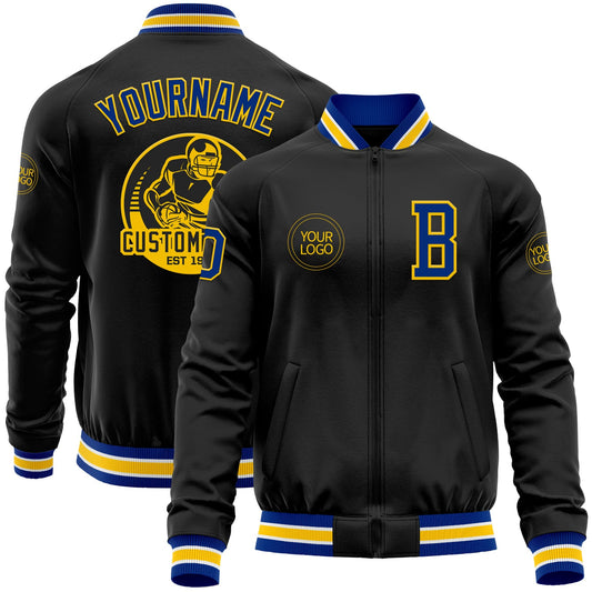 Custom Black Royal-Yellow Bomber Varsity Letterman Zipper Jacket - Main View