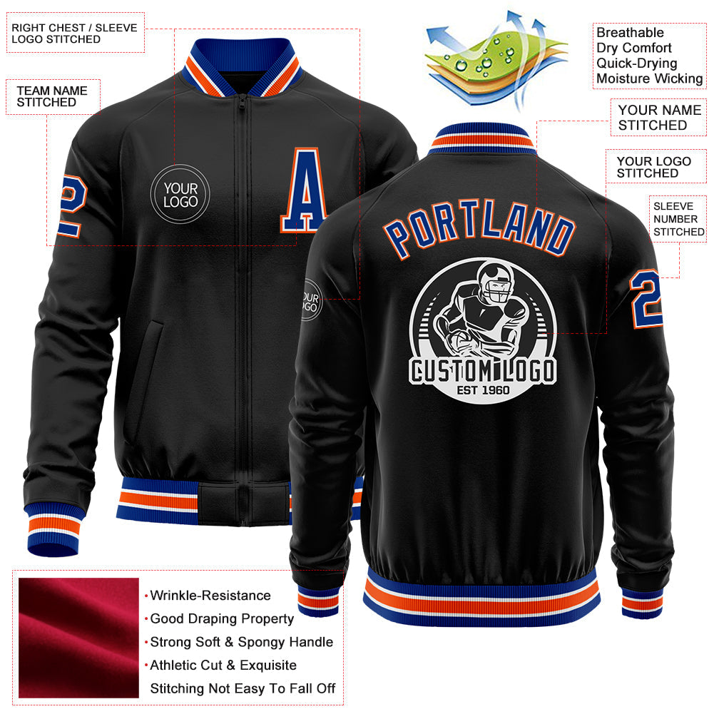 Custom Black Royal-Orange Bomber Varsity Letterman Zipper Jacket view 4