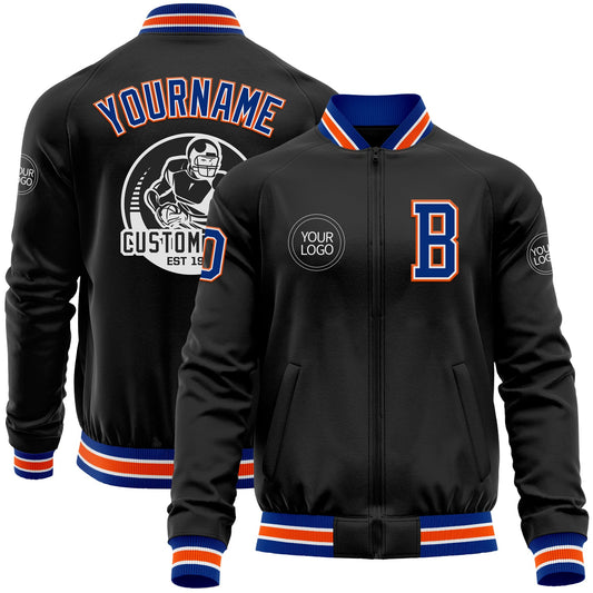 Custom Black Royal-Orange Bomber Varsity Letterman Zipper Jacket - Main View