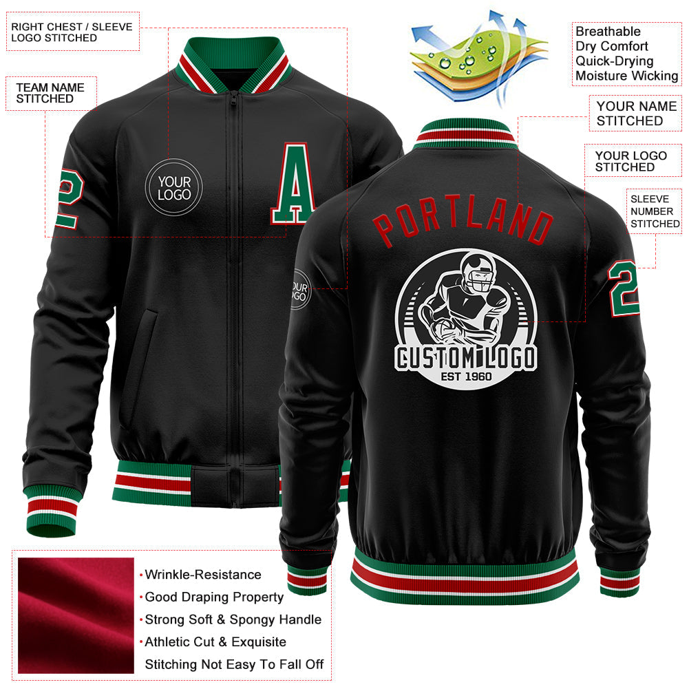 Custom Black Kelly Green-Red Bomber Varsity Letterman Zipper Jacket view 4