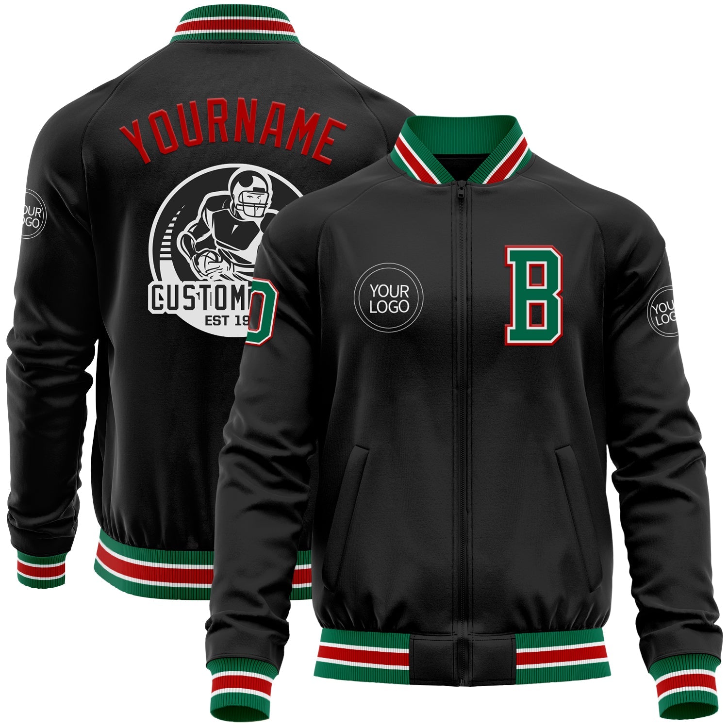 Custom Black Kelly Green-Red Bomber Varsity Letterman Zipper Jacket - Main View