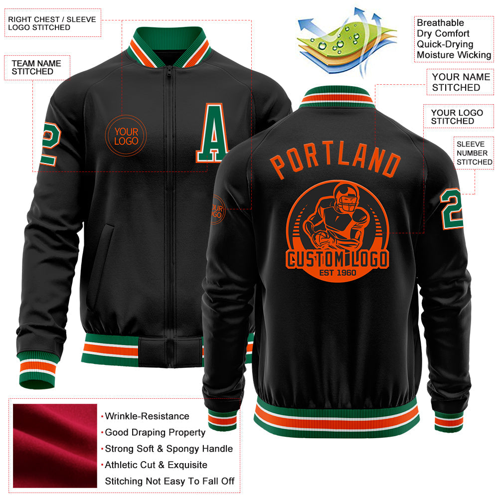 Custom Black Kelly Green-Orange Bomber Varsity Letterman Zipper Jacket view 4
