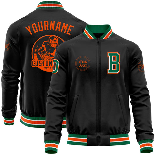Custom Black Kelly Green-Orange Bomber Varsity Letterman Zipper Jacket - Main View