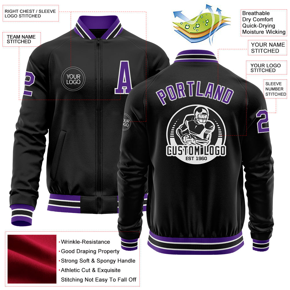 Custom Black Purple-White Bomber Varsity Letterman Zipper Jacket view 4