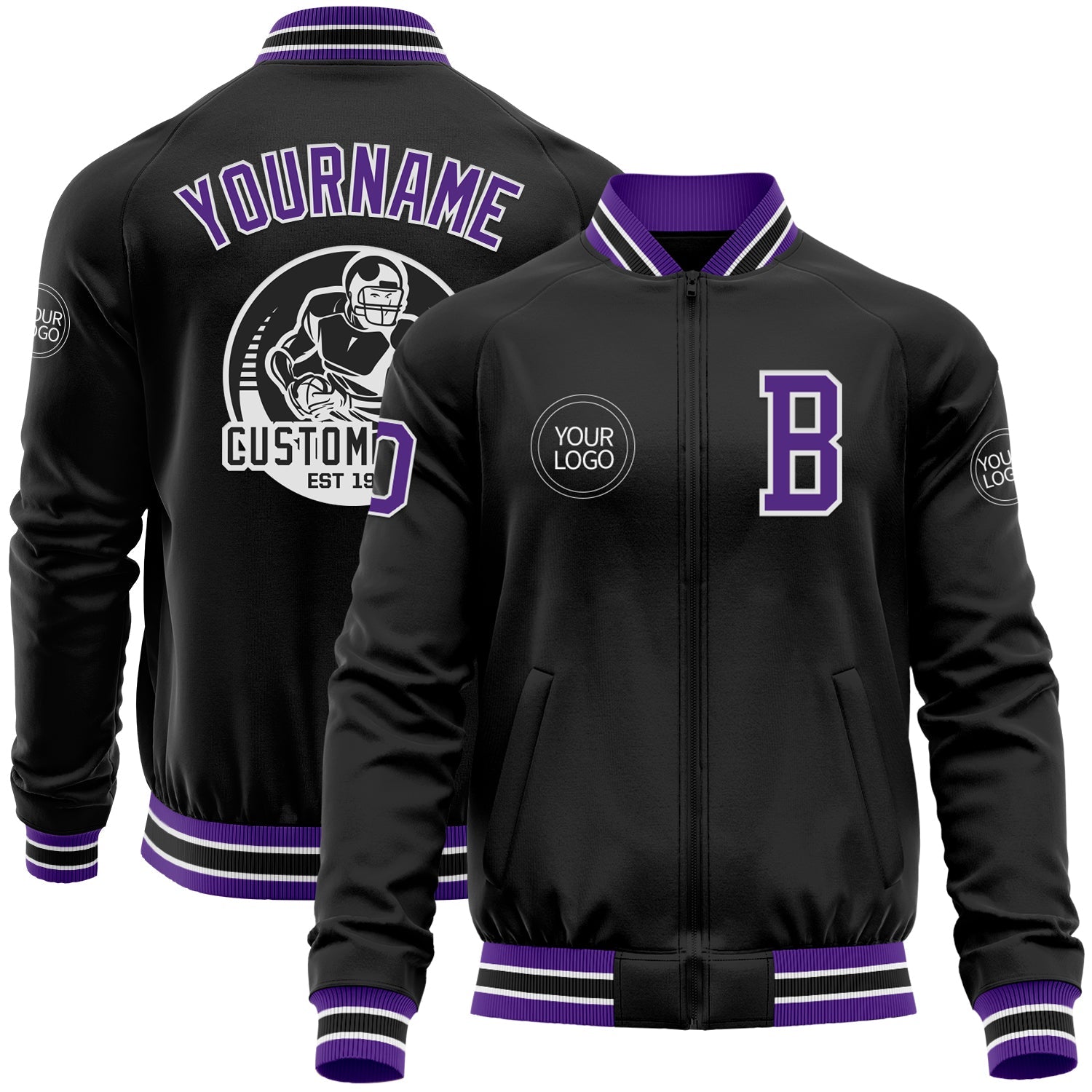 Custom Black Purple-White Bomber Varsity Letterman Zipper Jacket - Main View